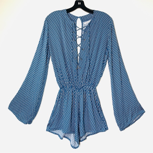 Faithful the Brand Lace Up Open Back Bell Sleeve Short Romper - Picture 2 of 8
